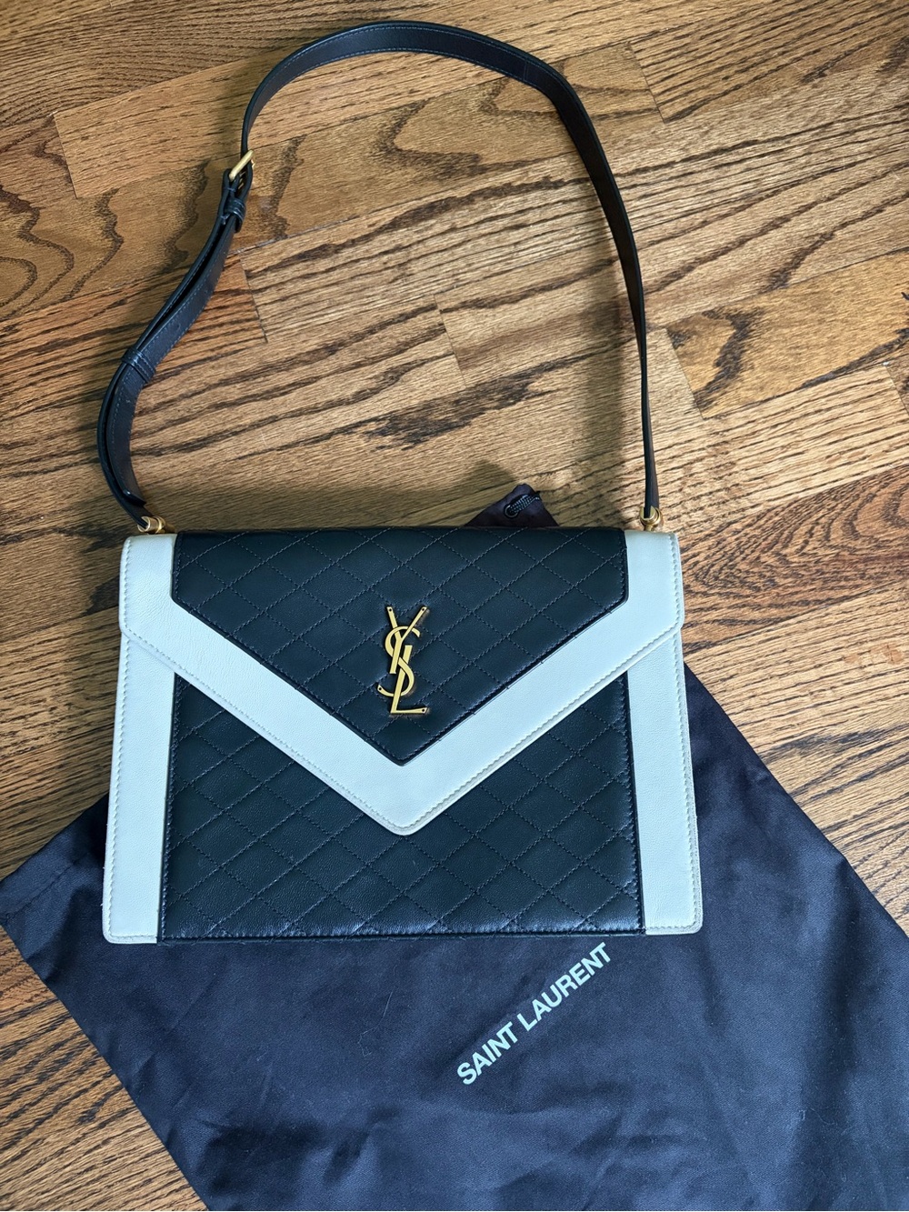 Saint Laurent Black and Cream Quilted Leather Shoulder Bag with Gold YSL